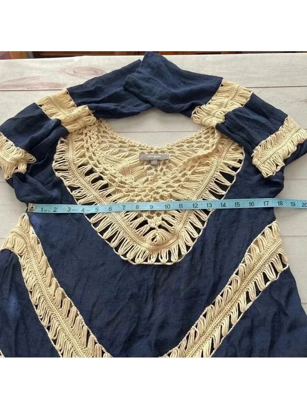Umgee Long Sleeve Boho Crochet Sheer Top Navy Blue Size L Bohemian - Picture 7 of 14